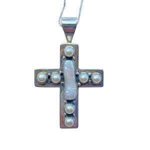 Jay King DTR Sterling Silver Pearl Cross Pendant Necklace Statement Designer